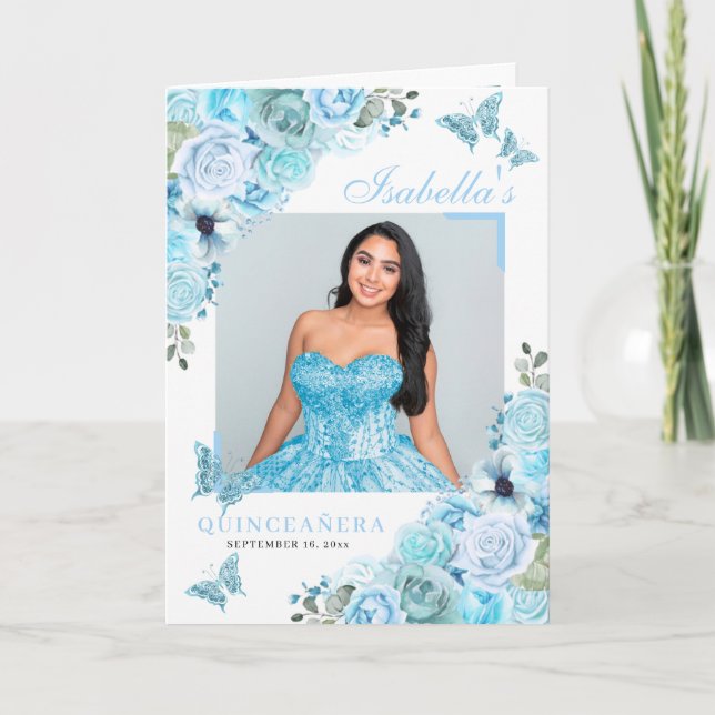 Sky Blue Floral Quinceanera Tiara Butterflies Program (Front)