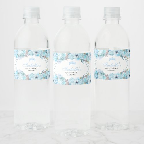 Sky Blue Floral Quinceanera  Water Bottle Label