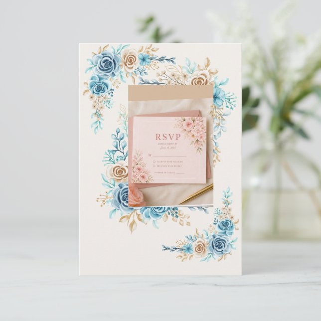 Sky Blue Floral RSVP Card Elegant Wedding Response (Standing Front)