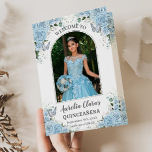 Sky Blue Floral Silver Quinceañera Order of Events Program