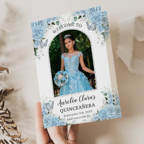 Sky Blue Floral Silver Quinceaera Order of Events Program