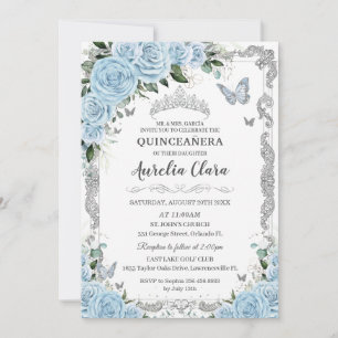 Sky Blue Floral Silver Sweet Sixteen QUINCEAÑERA Invitation