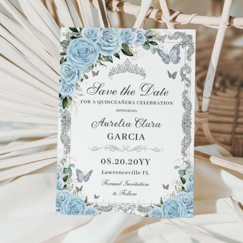 Sky Blue Floral Silver Sweet Sixteen QUINCEAERA Save The Date