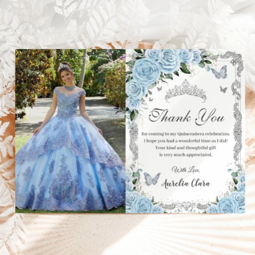 Sky Blue Floral Sweet Sixteen Quinceaera Picture Thank You Card