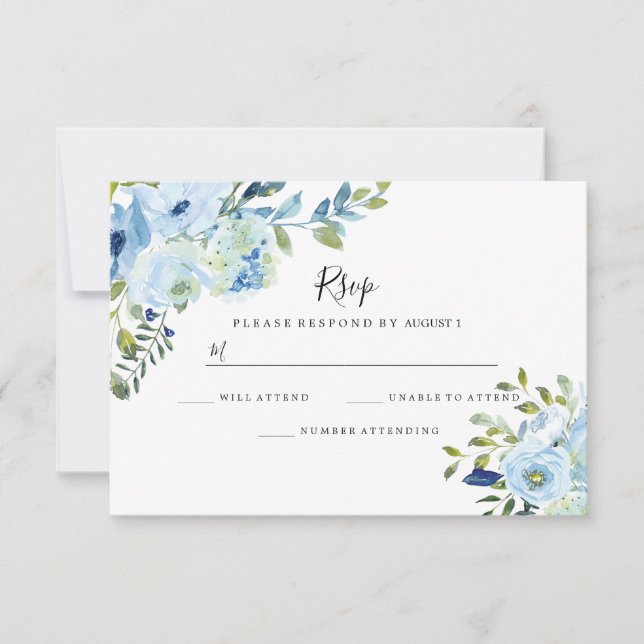 Sky Blue Floral Watercolor Wedding Engagement RSVP Card (Front)