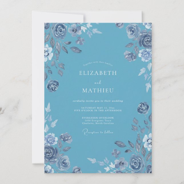 Sky Blue Floral Watercolor Wedding Invitation (Front)
