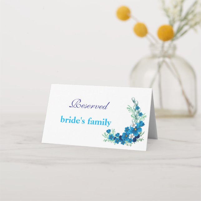 Sky Blue Floral Wedding Folded Place Card (Front)
