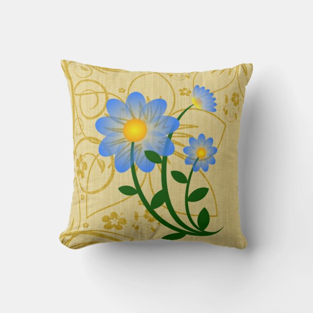Sky-Blue Flower on Gold Floral Print Throw Pillow (Front)