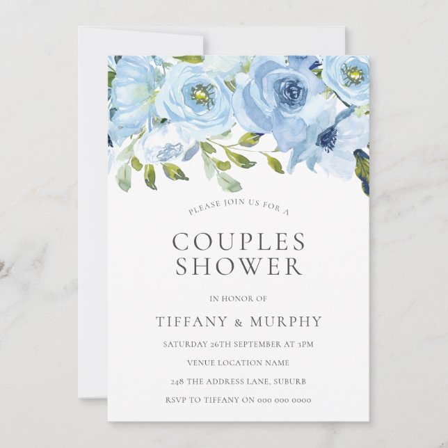 Sky Blue Flowers Couples Shower Invitation (Front)