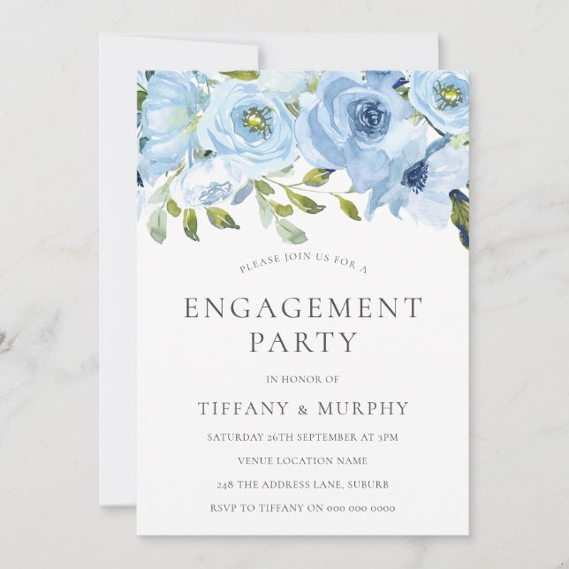 Sky Blue Flowers Watercolor Engagement Party Invitation (Front)