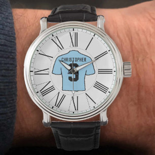 Sky Blue Football Shirt with Roman Numerals. Watch