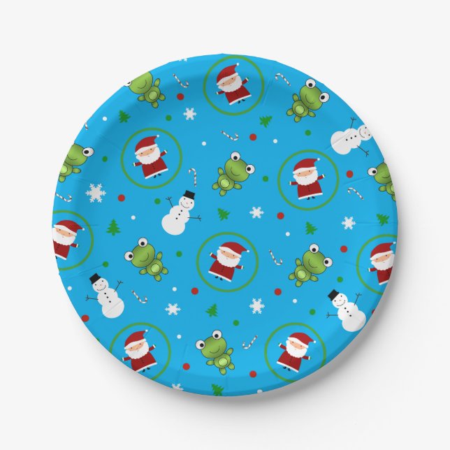 Sky blue frogs santa claus snowman pattern paper plates (Front)