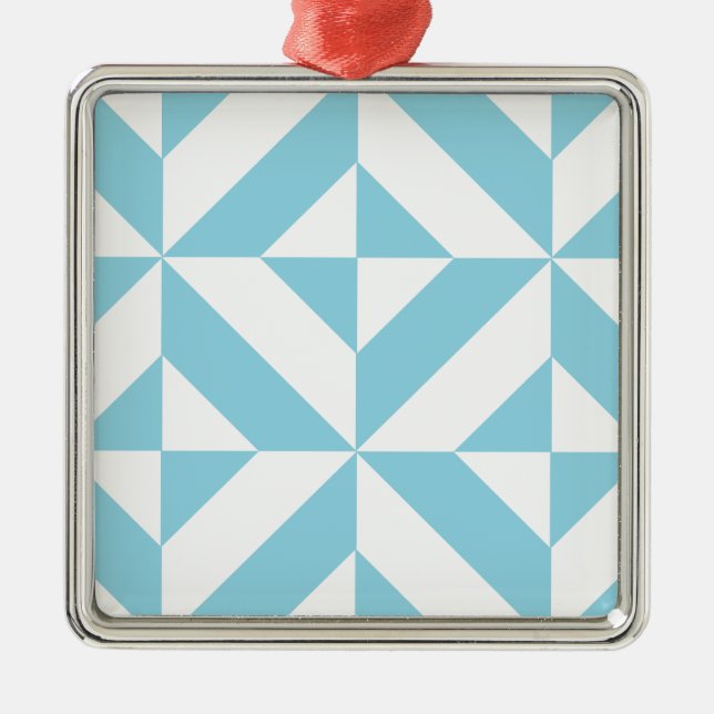 Sky Blue Geometric Deco Cube Pattern Metal Ornament (Front)