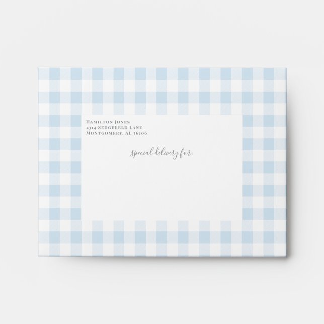 Sky Blue Gingham Check Personal Stationery Envelope (Front)
