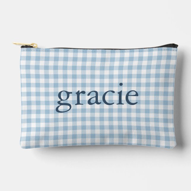 Sky Blue Gingham Monogrammed Accessory Pouch (Front)