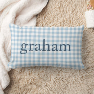 Sky Blue Gingham Monogrammed Lumbar Pillow