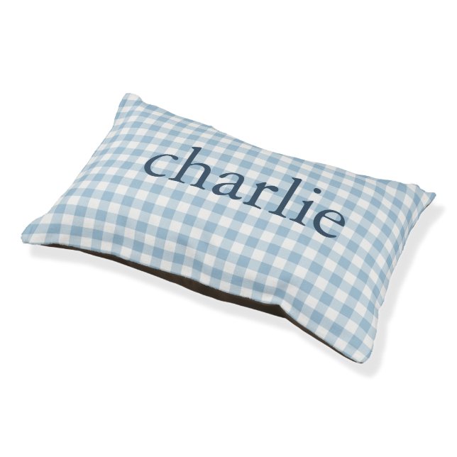 Sky Blue Gingham Monogrammed Pet Bed (Angled)