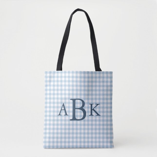 Sky Blue Gingham Monogrammed Tote Bag (Front)