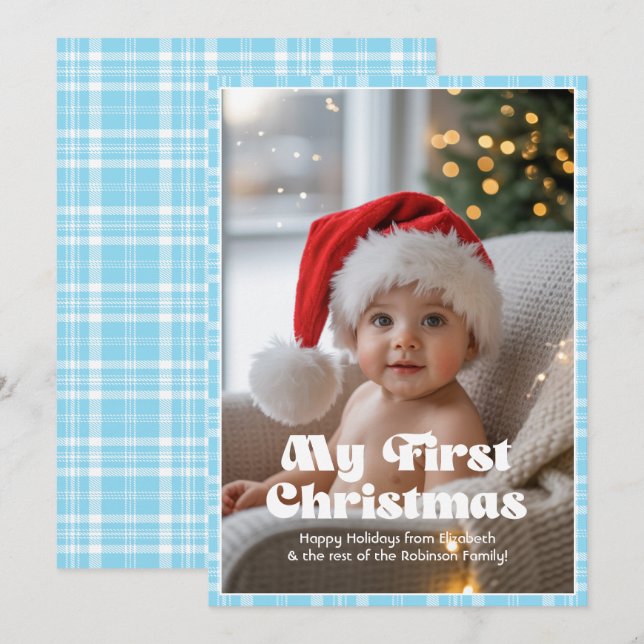 Sky Blue Gingham My First Christmas Baby Holiday Card (Front/Back)