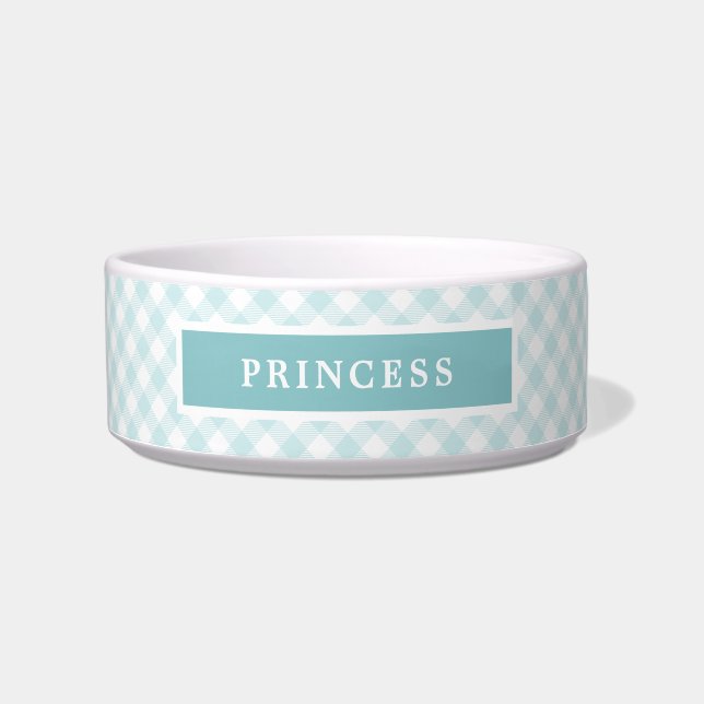 Sky Blue Gingham Plaid Personalized Dog Bowl (Front)