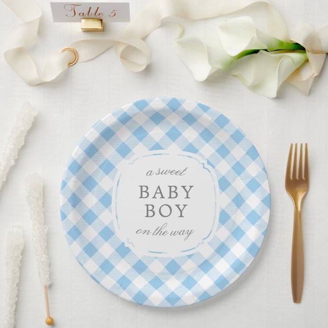 Sky Blue Gingham Plaid Sweet Baby Boy Paper Plates (Wedding)