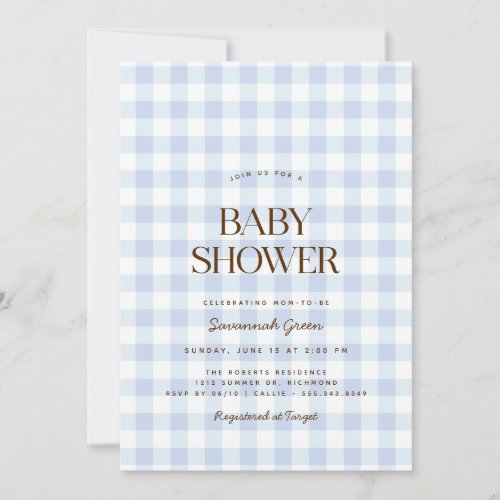 Sky Blue Gingham  Summer Picnic Baby Shower Invitation