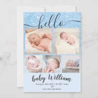 Sky blue glitter 5 grid photo baby boy birth announcement