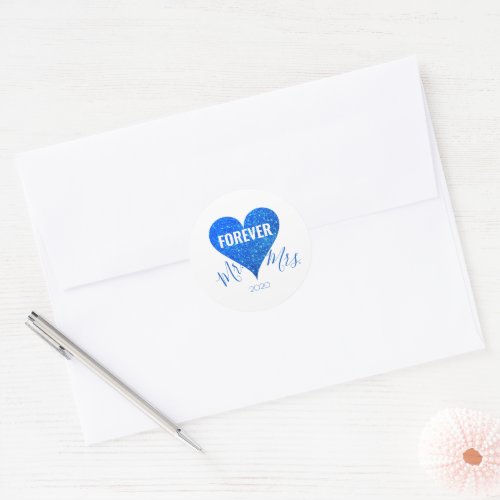 Sky Blue Glitter Heart MrMrs Round Sticker