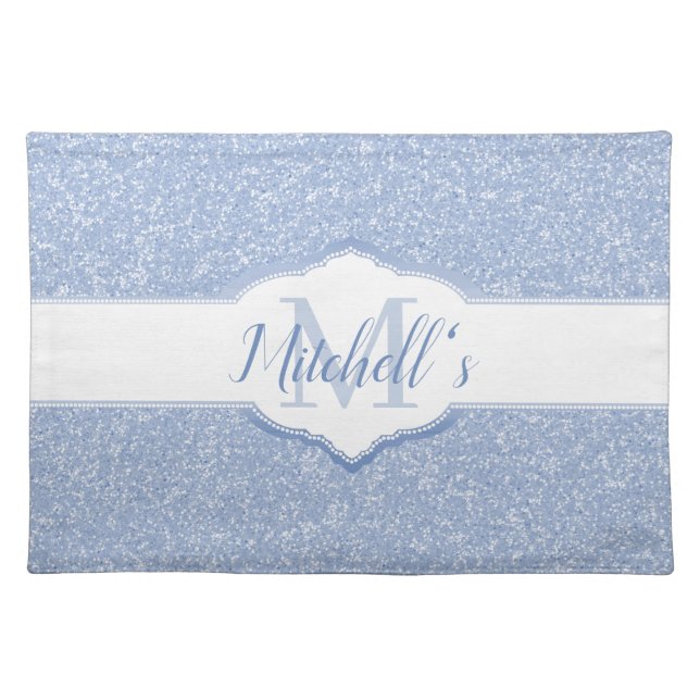 Sky Blue Glitter Monogram Cloth Placemat (Front)