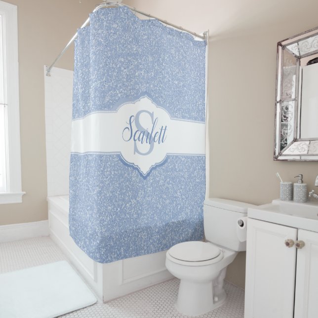 Sky Blue Glitter Monogram Shower Curtain (In Situ)