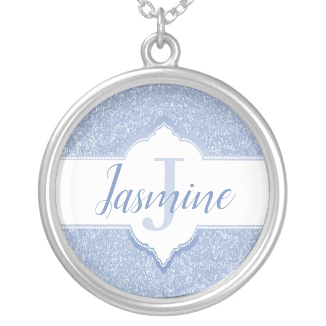 Sky Blue Glitter Monogram Silver Plated Necklace (Front)