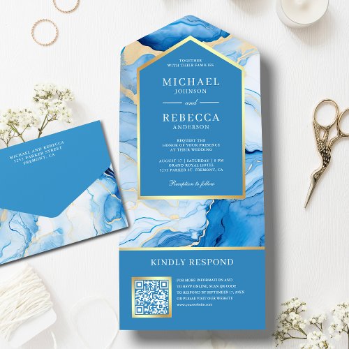 Sky Blue Gold Abstract Fluid Ink QR Code Wedding All In One Invitation