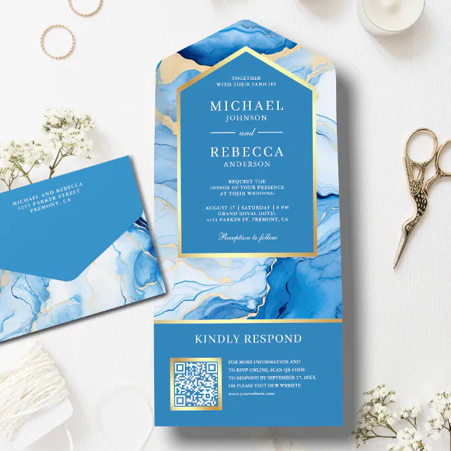 Sky Blue Gold Abstract Fluid Ink QR Code Wedding All In One Invitation ...