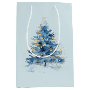Sky Blue Gold Christmas Trees Medium Gift Bag