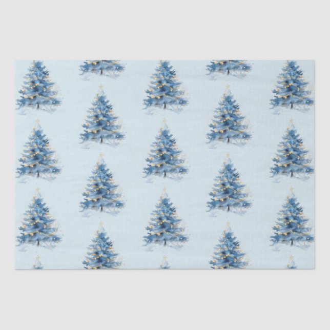 Sky Blue Gold Christmas Trees Tissue Paper (Front)