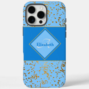Sky Blue Gold Confetti Monogram Custom Name iPhone 16 Pro Max Case