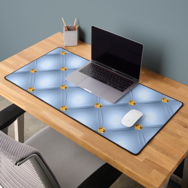 Sky Blue Gold Diamond Tufted Desk Mat (Office 2)