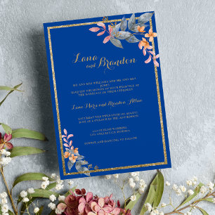 Sky blue gold glitter pink orange floral Wedding Invitation