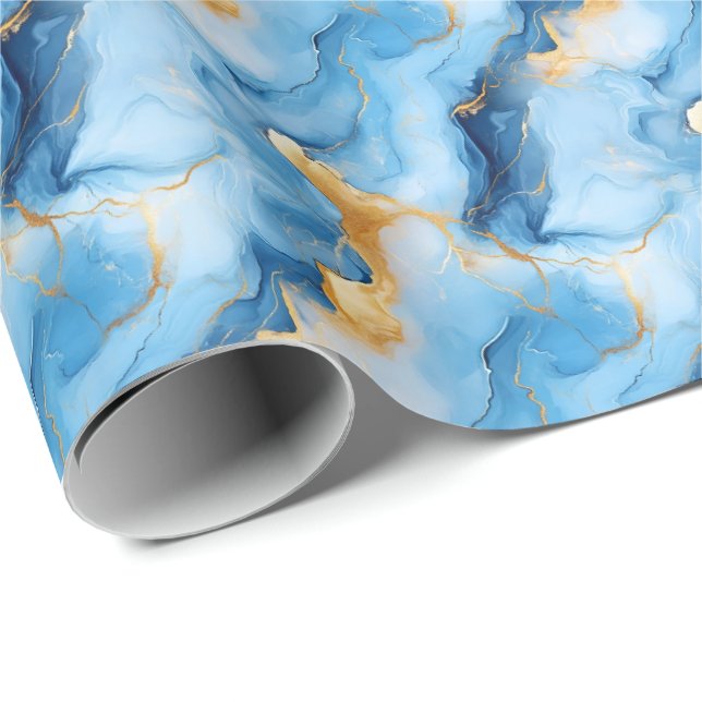 Sky Blue & Gold Marble Wrapping Paper (Roll Corner)