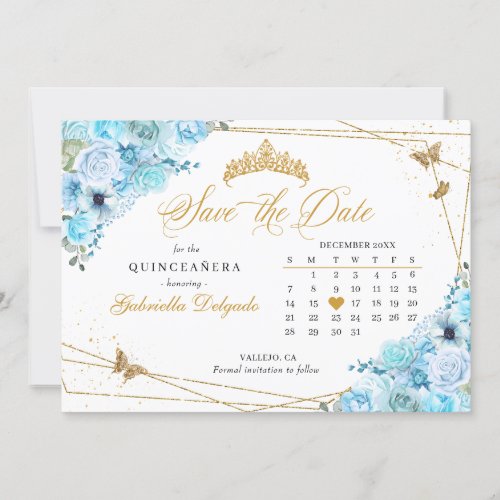 Sky Blue  Gold Quinceaera Save The Date Invitation