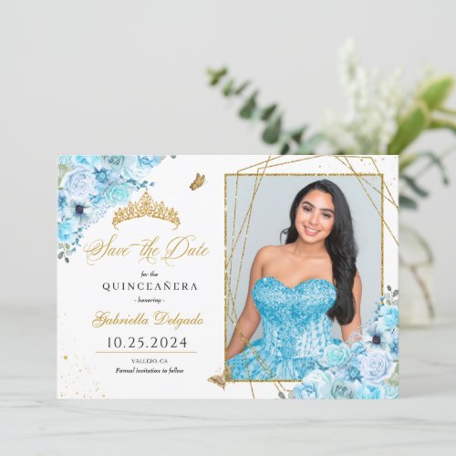 Sky Blue  Gold Quinceaera Save The Date Photo Invitation