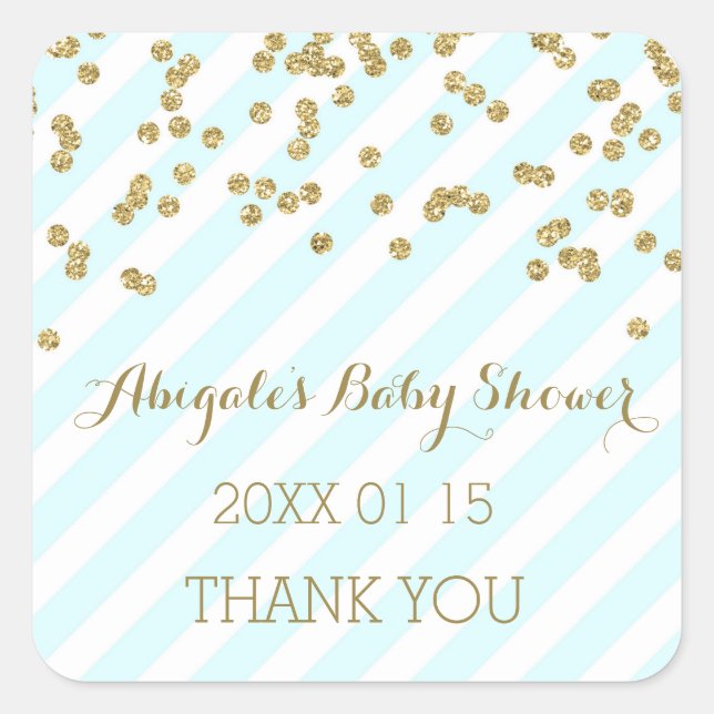Sky Blue Gold Stripes Baby Shower Favor Sticker (Front)