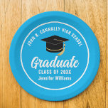 Sky Blue Graduate Custom 2024 Graduation Party Paper Plates<br><div class="desc">This modern sky blue and white custom graduation party paper plate features classy typography of your high school or college name for the class of 2024. Customize with your graduating year under the chic handwritten script and black grad cap for great personalized graduate decor.</div>