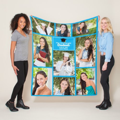 Sky Blue Graduate Photo Collage 2024 Graduation Fleece Blanket