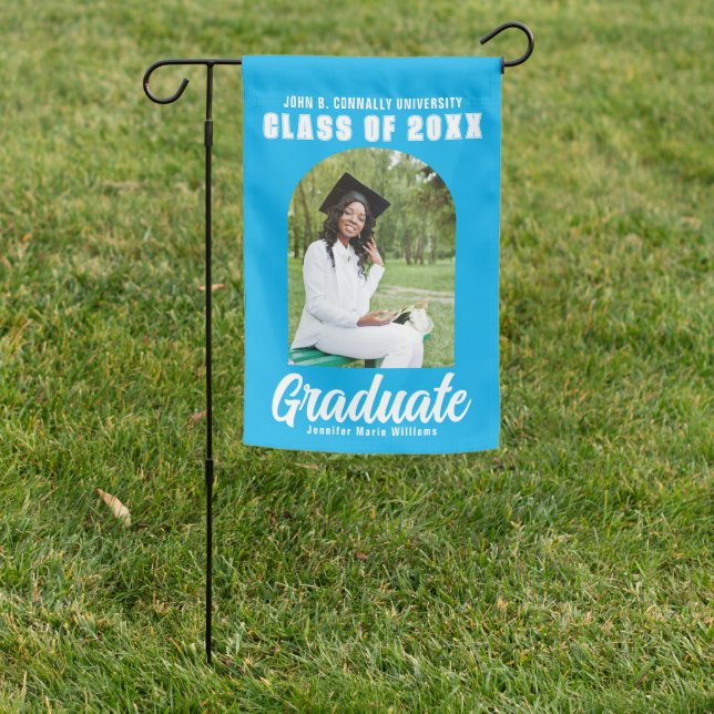 Sky Blue Graduate Photo Modern Arch Graduation Garden Flag (In SItu)