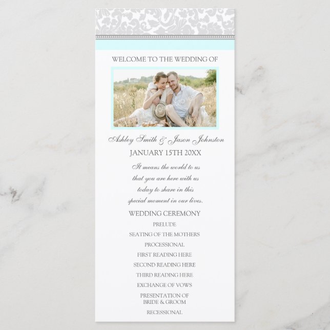 Sky Blue Gray Damask Photo Wedding Program (Front)