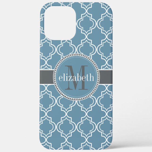 Sky Blue Gray White Moroccan Quatrefoil Monogram Case-Mate iPhone Case (Back)