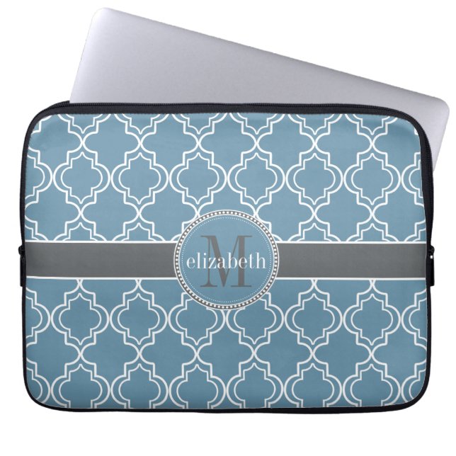 Sky Blue Gray White Moroccan Quatrefoil Monogram Laptop Sleeve (Front)