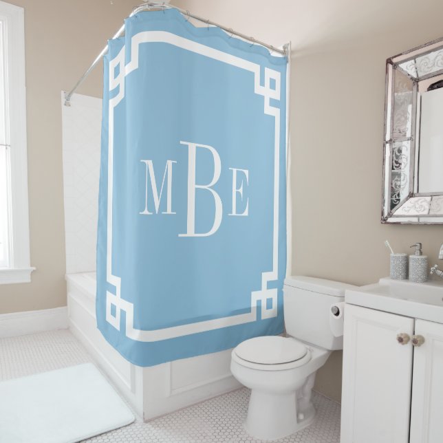 Sky Blue Greek Key Border Monogram Shower Curtain (In Situ)