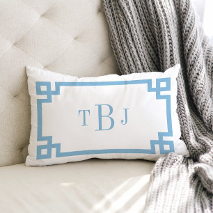Sky Blue Greek Key Monogram Lumbar Pillow